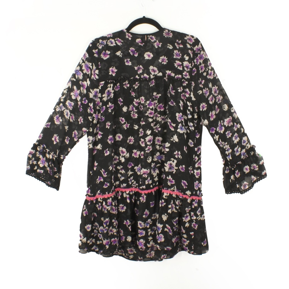 Misa Gallo Floral Black Boho Drop Waist Sheer Long Sleeve Mini Dress - Picture 9 of 10